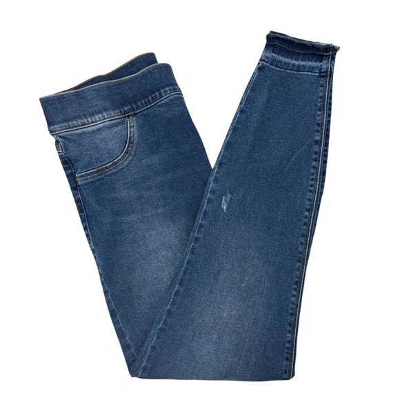 SPANX Denim - Spanx Womens Large Jean-ish Leggings Distressed Blue Denim‎ Slimming Ankle Pants